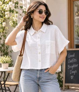 Stylish White Textured Crop Shirt