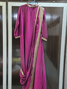 Magenta Drape Gown with Gold Detail