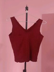 Maroon Textured V-Neck Tank Top