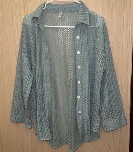 Mint Blue Crochet Button-Up Shirt