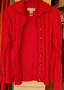 Women L Red Cable Knit Button-Up Cardigan