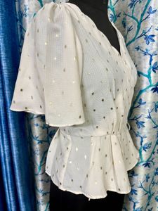 Chic Cream Polka Dot Wrap Top Scallop hem