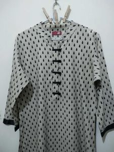 Shree beige kurta Mandarin collar black tear drop