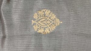 Elegant Metallic Grey Saree with Gold Motifs