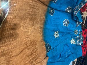 Elegant Blue &amp; Brown Floral Saree