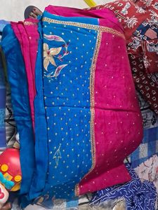Vibrant Pink &amp; Blue Embroidered Saree