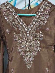 Elegant Brown Embroidered Kurta Set with Sharara