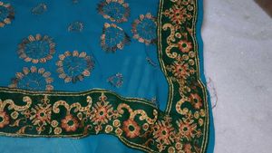 Teal Saree Bronze Embroidery with blouse