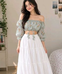 Light Blue Floral Print off shoulder Crop Top