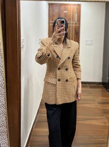 BROWN-YELLOW HOUNDSTOOTH DOUBLE BREASTED BLAZER