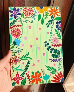Hand-Painted Floral Artwork on Wooden Slab