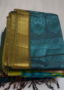 Elegant Teal Silk Saree with Gold Border