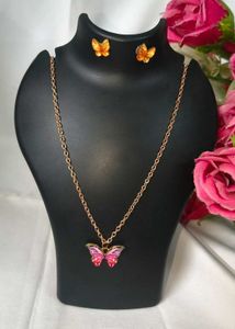Cute Metal Pink Butterfly Necklace & Earrings Set