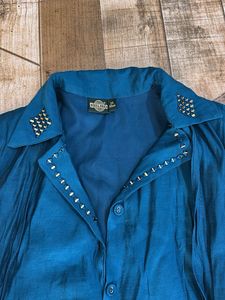 Bohemian Teal Kurta Set with Embellished Collar