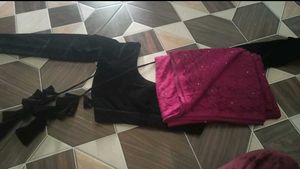 wine colour net saree with black velvet blouse