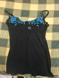 Black Sheer Cami with Blue Floral Embroidery