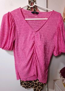 Bright Pink Textured Ruched Top