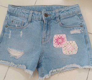 Distressed Denim Shorts with Crochet Patches