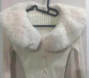 Cream Knit Cardigan with Fur Trim