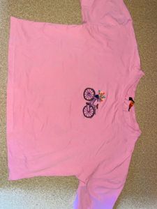 Pink Tee with Bicycle Embroidery