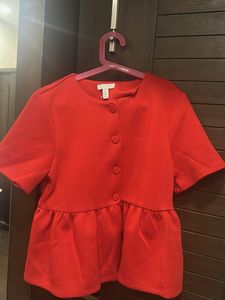 Red Scuba Peplum Button-Up Top