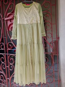 Olive Green Woven work Long Sleeves Gown