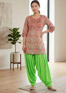 Pink Floral Kurti with Green Patiala Pants