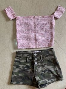 Smocked Off-Shoulder Top & Camo Shorts Set