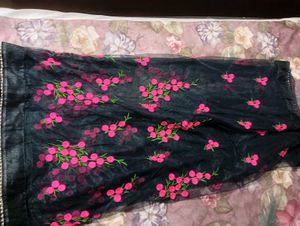 Elegant Black Saree with Pink Floral Embroidery