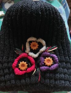 Handmade Knit Beanie with Floral Embellishments