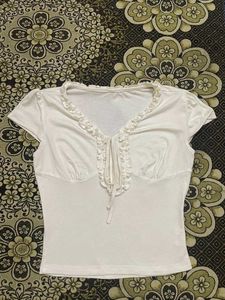 Kawaiii White Ruffled Tie-Front Top