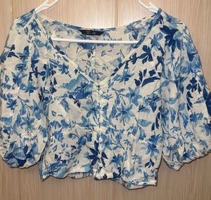 Blue Floral Puff Sleeve Cropped Top