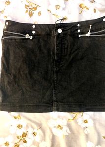 Black Denim Mini Skirt with Zipper Details