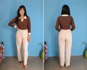 Brown & Cream Collared Long Sleeve Top with pant