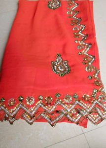 Coral -Red Embroidered Saree with Heavy Designer B