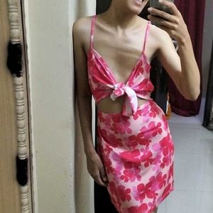 Pink Floral Tie-Front Mini Dress