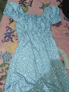 Cute Blue Floral Puff Sleeve Dress