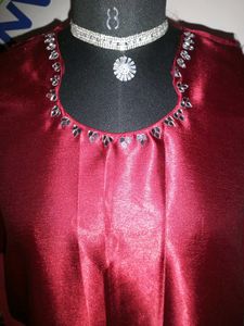 Maroon Satin Fabric with Mirror Work