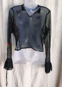 I. Sheer Black Floral Embroidered Top
