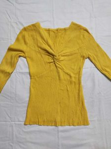 Mustard Yellow Ribbed Twist Front Top