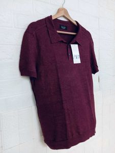 Zara Men's Burgundy Knit Polo Shirt