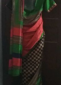 GentlyUsed CottonSilk Saree-RustBlackGreenStripes