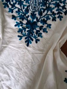 White Kurta with Blue Embroidery