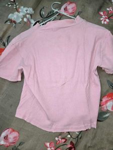 Pink Cropped Ribbed Top with Heart Detail