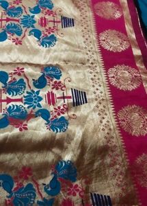 Beautiful Teal Saree with Pink Border