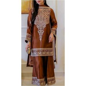 Elegant Embroidered Brown Kurta Set