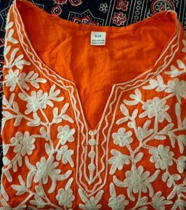 Orange Embroidered Cotton Kurta
