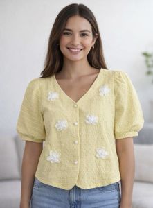 Lemon Yellow Puff Sleeve Top with Flower Detail