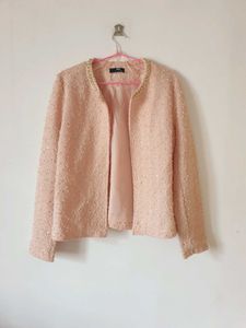 Chic Pearl-Trimmed Blush Jacket