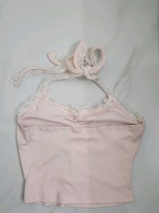 Cute Pink Lace Trim Halter Top